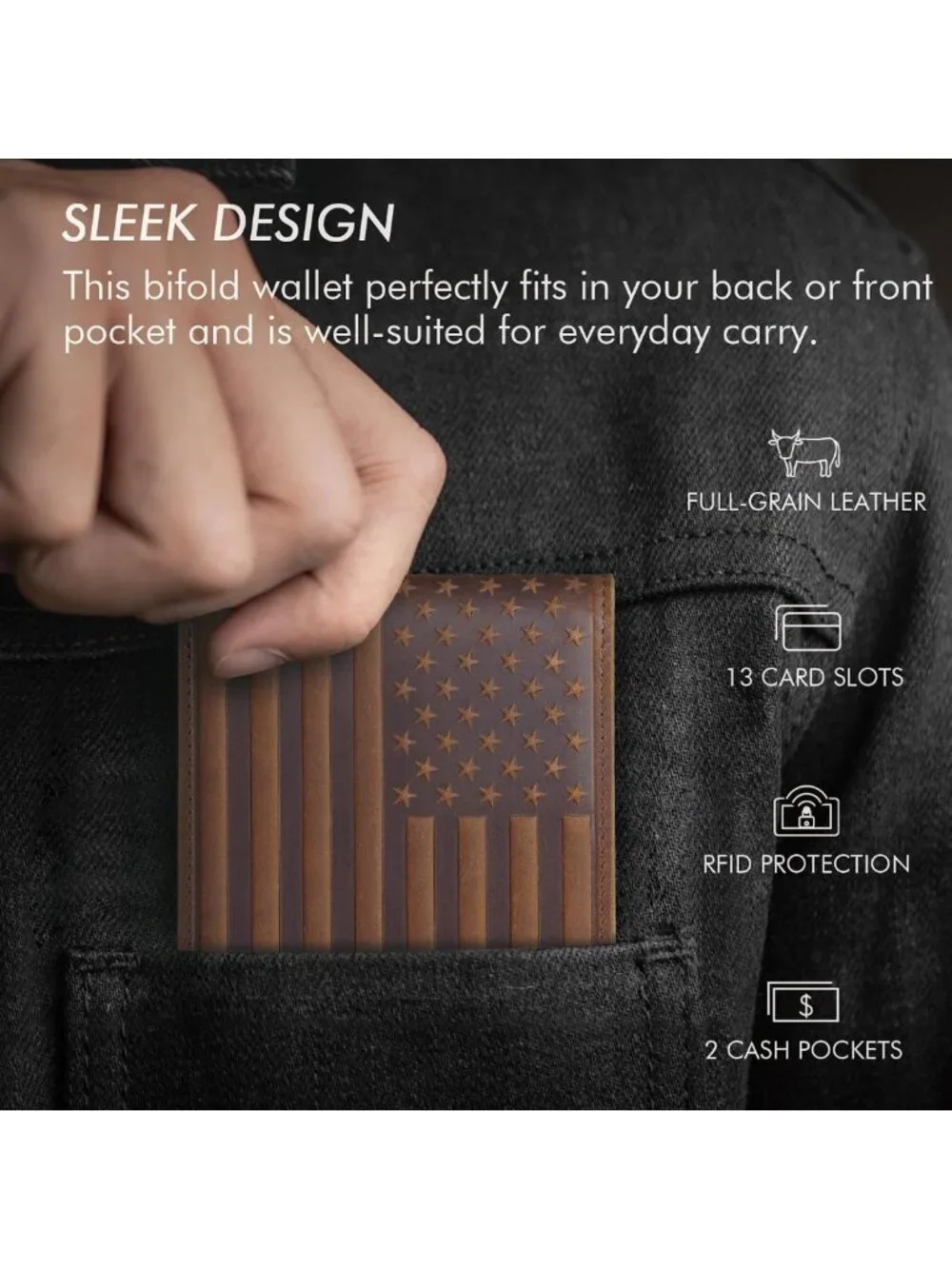 RFID Blocking Bifold Wallet for Men, Full Grain Leather, 13 Card Slots, 2 ID